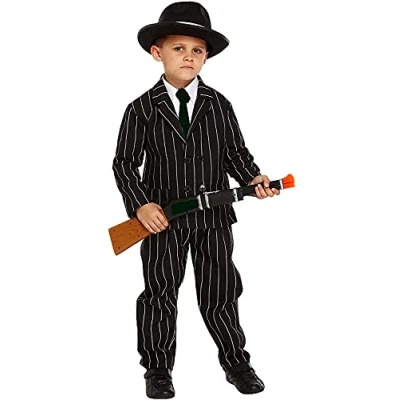 Image of 1920s Black Pinstripe Gangster Child Costume Mafia Boys Book Week Fancy Dress (10 12 years)