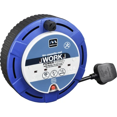 Image of Masterplug Two Socket Cassette Reel Extension Lead, 4 Metres, Blue