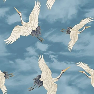 Image of SOPHIE LAURENCE Oriental Japanese Birds Cranes Feature Wallpaper Thick Heavy Duty Soild Paste The Paper (Full Roll, Blue, White, Silver)