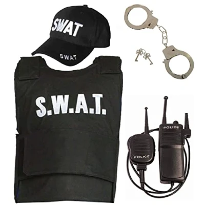 Image of Mega_JumbleSale® Adult SWAT Team Vest, Metal Handcuffs, Walkie Talkie &amp; Cap Fancy Dress Costume Police FBI Tactical Military Uniform