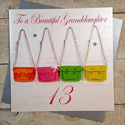 Image of White Cotton Cards To A Beautiful Granddaughter 13&#039; Handmade Large 13th Birthday Card (Neon Satchels)