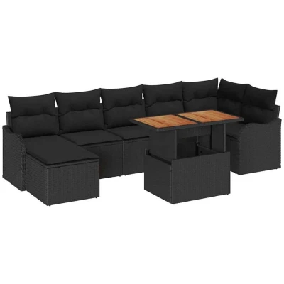 Image of vidaXL 8 Piece Garden Sofa Set with Cushions Black Poly Rattan Acacia