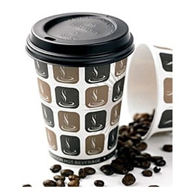 Image of Thali Outlet® 100 x 10oz Mocha + Black Lids Cafe Printed Paper Single Wall Disposable Tea Coffee Cappuccino Hot Drinks Cup