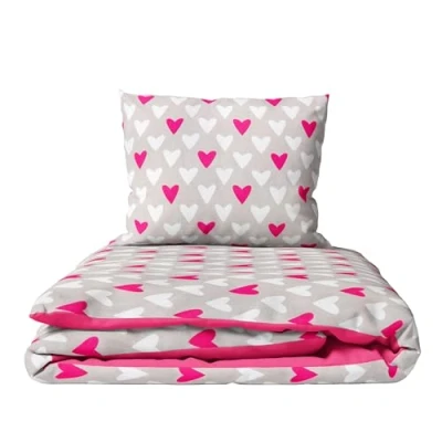 Image of 2 Piece Baby Children Quilt Duvet &amp; Pillow Set 80x70 cm to fit Crib or Pram (Pink Hearts)