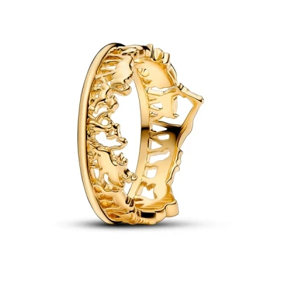 Image of Pandora ME Halved signet 14k gold plated ring with clear cubic zirconia and glittery black enamel, 56
