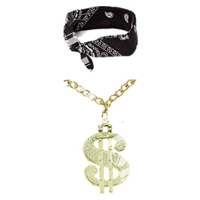 Image of Mega_JumbleSale® Rapper 90&#039;s Retro Hip Hop Big Daddy Rap Gangster Pimp Fancy Dress Stag Fun Costume Kit . Black Paisley Bandana and Dollar Medallion