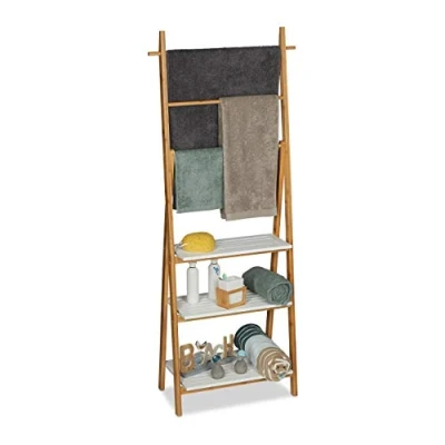 Image of Relaxdays Towel Rack, Natural Bathroom Shelf with Rails, HWD 150x50x30cm, Bamboo, MDF, Natural/White