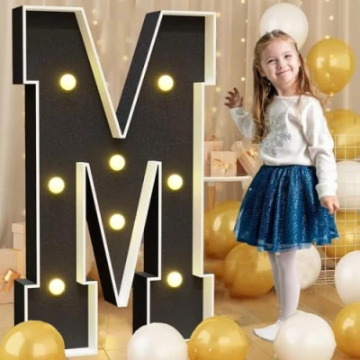 Image of Black Marquee Light Up Letter M, LED Sign Pre cut Foam Glowing Mosaic Decor for Birthday Proposal Anniversary Wedding, 120CM/4FT