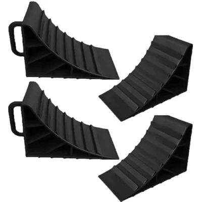 Image of Wheel Chocks With Handles Set of 4 Tyre Saver Brake Stoppers Ridged Wedges for Cars Caravan Horsebox Motorhome (4 Black Chocks)