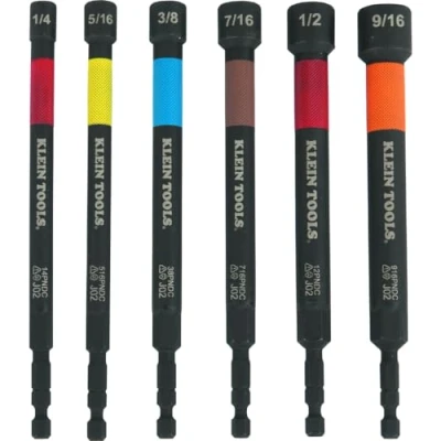 Image of Klein Tools 32930 SAE Magnetic Impact Nut Setter Set, 6 Piece Color Coded Power Setter, Extended Reach Driver Bit Set with Sizes