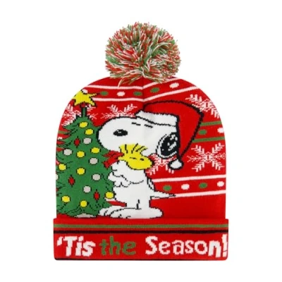 Image of Concept One Unisex&#039;s Peanuts Snoopy Beanie Hat, Adult Cuffed Knit Cap with Pom, Holiday Design, Red, Size