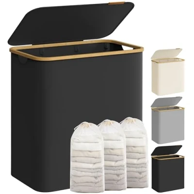 Image of SONGMICS Laundry Basket with Lid, 3 Section Large Hamper, 150L, Removable Mesh Liner, Oxford Fabric, Bamboo Handles, Collapsible, 60 x 38.5 70.5 cm, Ink Black LCB515B01