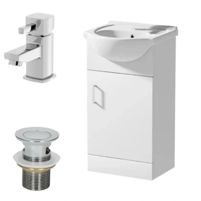 Image of Affine 450mm Floorstanding Bathroom Vanity Unit &amp; Basin Sink Gloss White Misa Tap + Waste