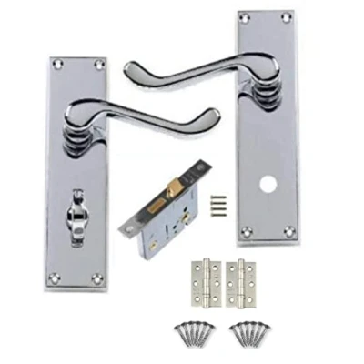 Image of Golden Grace Victorian Scroll Polished Chrome Bathroom WC Toilet Door Handles Complete with (GG) Mortise Lock and 1 Pair of 3&quot; Ball Bearing Hinges