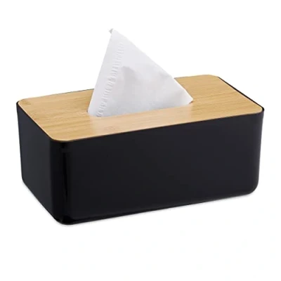 Image of Relaxdays Tissue Box for The Bathroom, Plastic, Wooden Lid, Refillable, 10 x 23 13 cm, Dispenser, Wipe Holder, Black