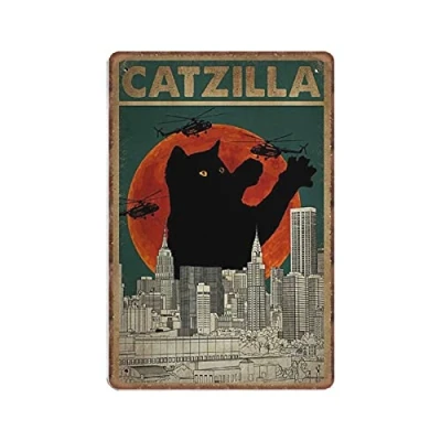 Image of DAIERCY City Helicopter Black Cat Catzilla Tin Signs Funny Vintage Metal Sign Plaqu Poster Wall Art Pub Bar Kitchen Garden Bathroom Home Decor, 140 X 200 mm