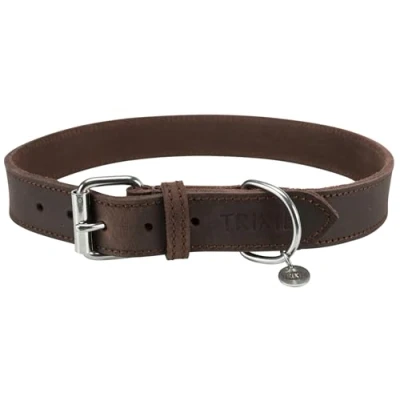 Image of TRIXIE Rustic oiled leather collar sewn D ring enables larynx friendly leashing neck circumference 57 66 cm brown 19009
