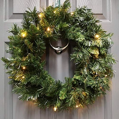Image of Christmas Light Up LED Door Set Garland, Wreath and 2 Trees in Gold Pots