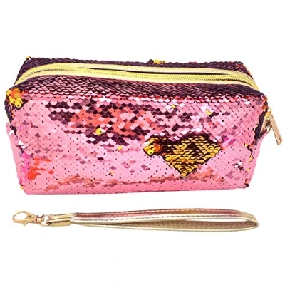 Image of Uniuooi Glitter Cosmetic Bag Mermaid Spiral Reversible Sequins Portable Double Color Students Pencil Case for Girls Women Purse Make Up Pouch with Detachable Handle Strap Zip Closure (Pink)