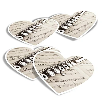 Image of Vinyl Heart Stickers (Set of 4) Flute Instrument Music Fun Decals for Laptops,Tablets,Luggage,Scrap Booking,Fridges #2146