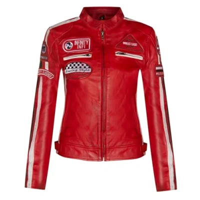Image of Womens Red Leather Biker Casual Racing Moto Badges Jacket