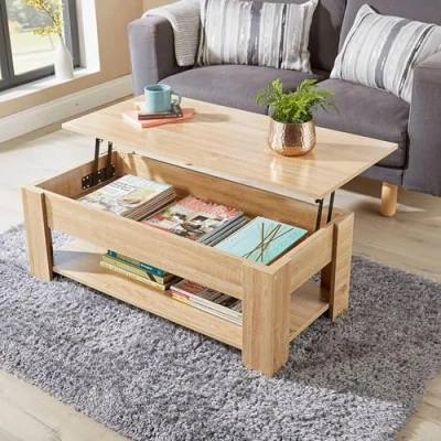 Image of Home Source Coffee Table with Lift Up Top Storage Area and Magazine Shelf, Engineered Wood, Oak Effect, 100cm