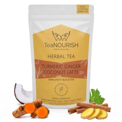 Image of TeaNOURISH Turmeric Ginger Coconut Latte Indian Superfoods with Milk Powder Aids Digestion, Relieves Stress &amp; Supports Immunity 100% NATURAL 3.53oz/100g