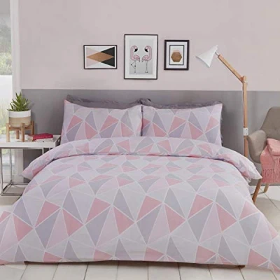 Image of MyHome Geometric Single Duvet Quilt Cover Bedding Set Pink/Grey, 1x 135 x 200cm &amp; 1 Pillow Case 50 75cm