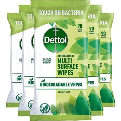 Image of Dettol Wipes Biodegradable Antibacterial Multi Surface Cleaning, 4 Packs of 90 Total 360 (Packaging May Vary)