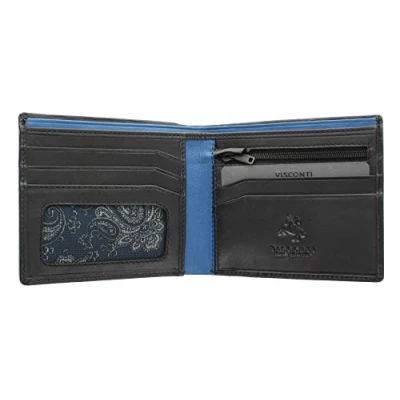 Image of VISCONTI Parma Collection Pablo Two Tone Gents Leather Bi Fold Wallet RFID Blocking PM101 Black/Cobalt