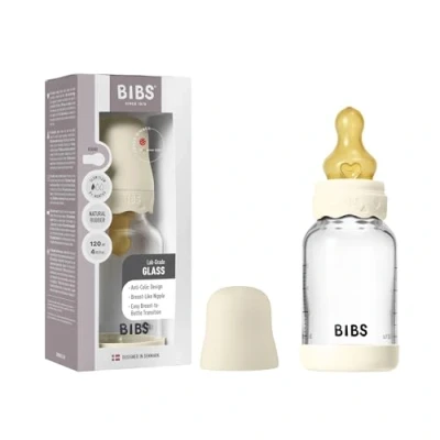 Image of BIBS Boheme Baby Glass Bottle 4 oz /120 ml. Anti Colic. Round Natural Rubber Latex Nipple. Supports Breastfeeding Ivory