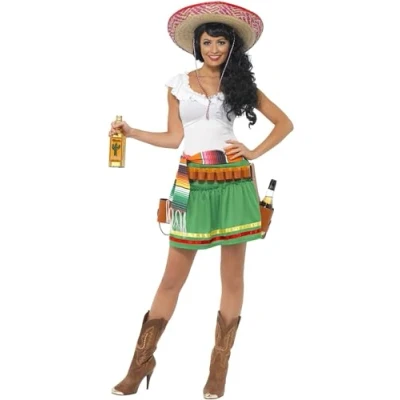 Image of Smiffys Tequila Shooter Girl Costume, Green with Dress, Striped Belt and Holsters, Cowboys Indians Fancy Western Dress Up Costumes