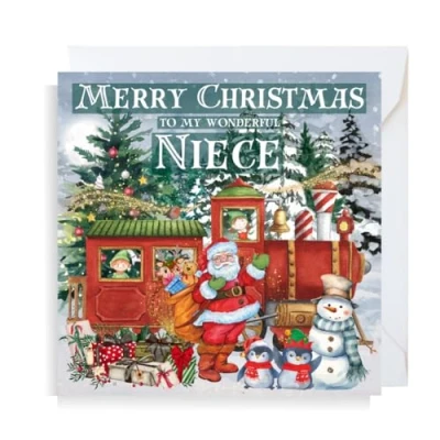 Image of Second Ave Niece Christmas Train Santa Snowman Children&#039;s Kids Square Xmas Holiday Festive Greetings Card