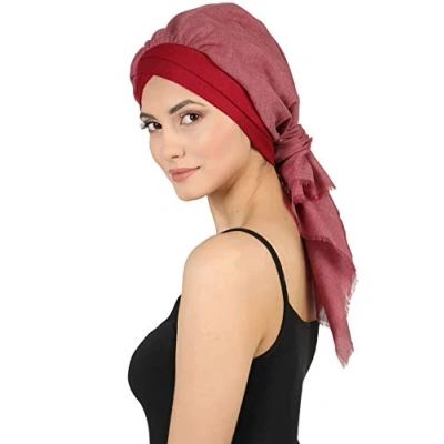 Image of Deresina W Front Bamboo Turban with Attached Cotton Scarf for Cancer, Hair Loss (Burgundy Plain)
