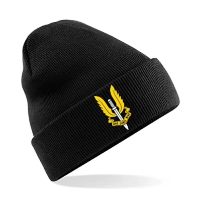 Image of PSave SAS Special Air Service Who Dares Wins Insignia Mens Premium Embroidered Beanie Hat, Bob Hat British Army Military (Black)
