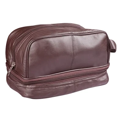 Image of RAS WALLETS Mens Ladies Large Genuine Leather Travel Overnight Wash Gym Toiletry Cosmetic Shaving Bag with Carry Handle 3530 (Dark Brown)