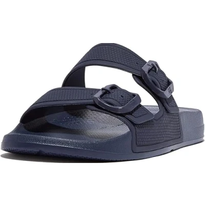 Image of Fitflop Women&#039;s IQUSHION Two BAR Buckle Slides Flat Sandal, Midnight Navy, 4 UK