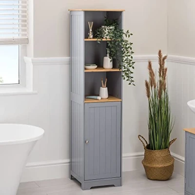 Image of CHRISTOW Tall Bathroom Cabinet, Wooden Grey &amp; Bamboo Tallboy Unit, 3 Shelf Storage Cupboard