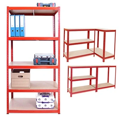 Image of BRIEFNESS Shelving Unit for Garage Shed Storage, 5 Tier Shelf Unit, Boltless Racking, Free Standing Work Bench, Heavy Duty Metal and MDF Shelves, 875kg Capacity, H 150 x W 70 D 30 Cm Red