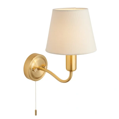 Image of Conway Classic Wall Lamp Satin Brass with Ivory Tapered Shade &amp; Pull Cord Switch, IP44