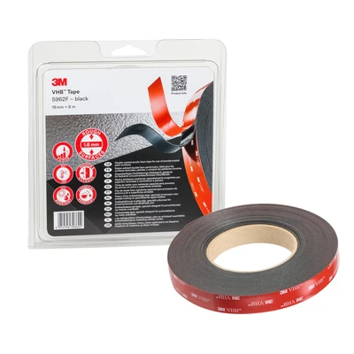 Image of 3M VHB 5952F Double Sided Adhesive Tape Provides adhesion to most powder coated paints, metals, glass, sealed wood, acrylic, polycarbonate and ABS 19mm x 8m, Thickness 1.6mm, Black (1 Roll)