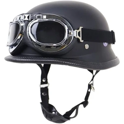 Image of Retro Half Helmet With Goggles, Motorcycle Chopper Cruiser Adult, German Style Vintage Open Face DOT ECE Certified, Pilot Touring Scooter Moped Helmets, Matte Black