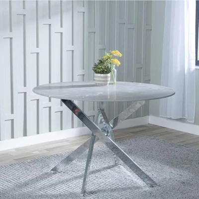 Image of URBANDECO Rimini Grey Glass 4 Seater Round Dining Table with Chrome Metal Chopstick Legs