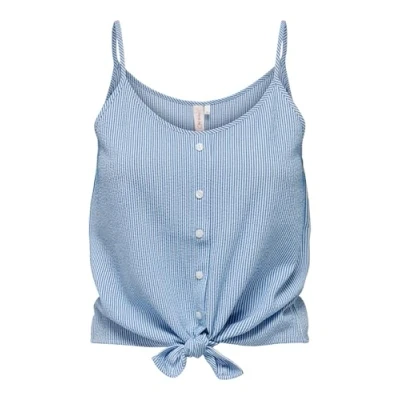 Image of ONLY Women&#039;s Onllecey Sl Knot Singlet Noos WVN Top, Cloud Dancer/Stripes: Medium Blue, M