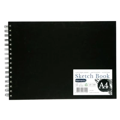 Image of Elements A4 Wire O Sketch Book 50 Sheets (100 Sides) 180 GSM Acid Free Paper Perforated Pages Ideal for Mixed Media Art (Black Cover)