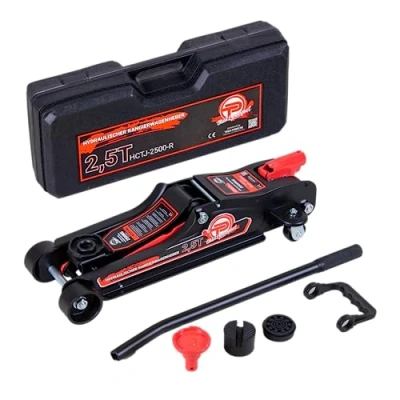 Image of TALK POINT Hydraulic Trolley Jack 2.5 Tonnes Flat Design 80 mm 360 Low Profile Including Case + SUV Adapter 2 x Rubber Pad Car Wheels (Red), HCTJ 2500 R