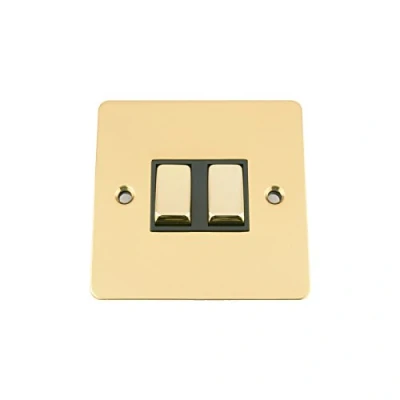 Image of A5 Double Light Switch 2 Gang Polished Brass Flat Black Metal Rocker Way 10 Amp