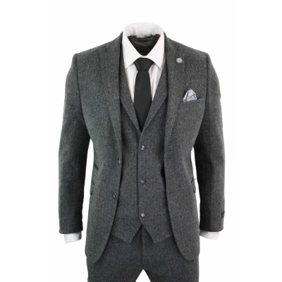 Image of Men&#039;s Classic 3 Piece Charcoal Grey Herringbone Authentic 1920s Blinders Tweed Suit 48/42W