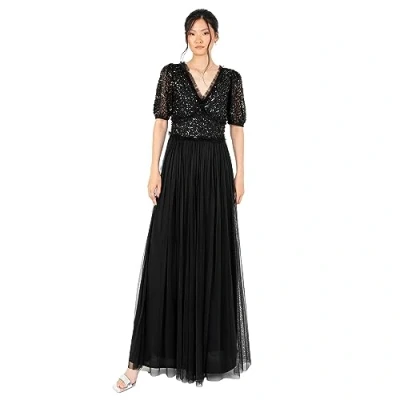 Image of Maya Deluxe Women&#039;s Maxi Dress Ladies V Neck Short Sleeve Sequin Embellished Tulle Ruffle for Wedding Guest Bridesmaid Ball Gown, Black, 24