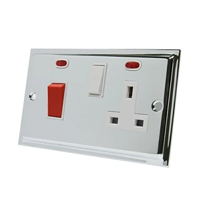 Image of Slimline Polished Chrome Cooker Control Unit White Insert 2 Gang 45A Switch with 13A Switched Plug Socket and Neon Indicators